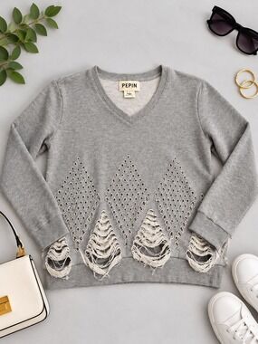Pepin Antropologie Womens Sweatshirt Sweater Boho Gray 100% Cotton Size M